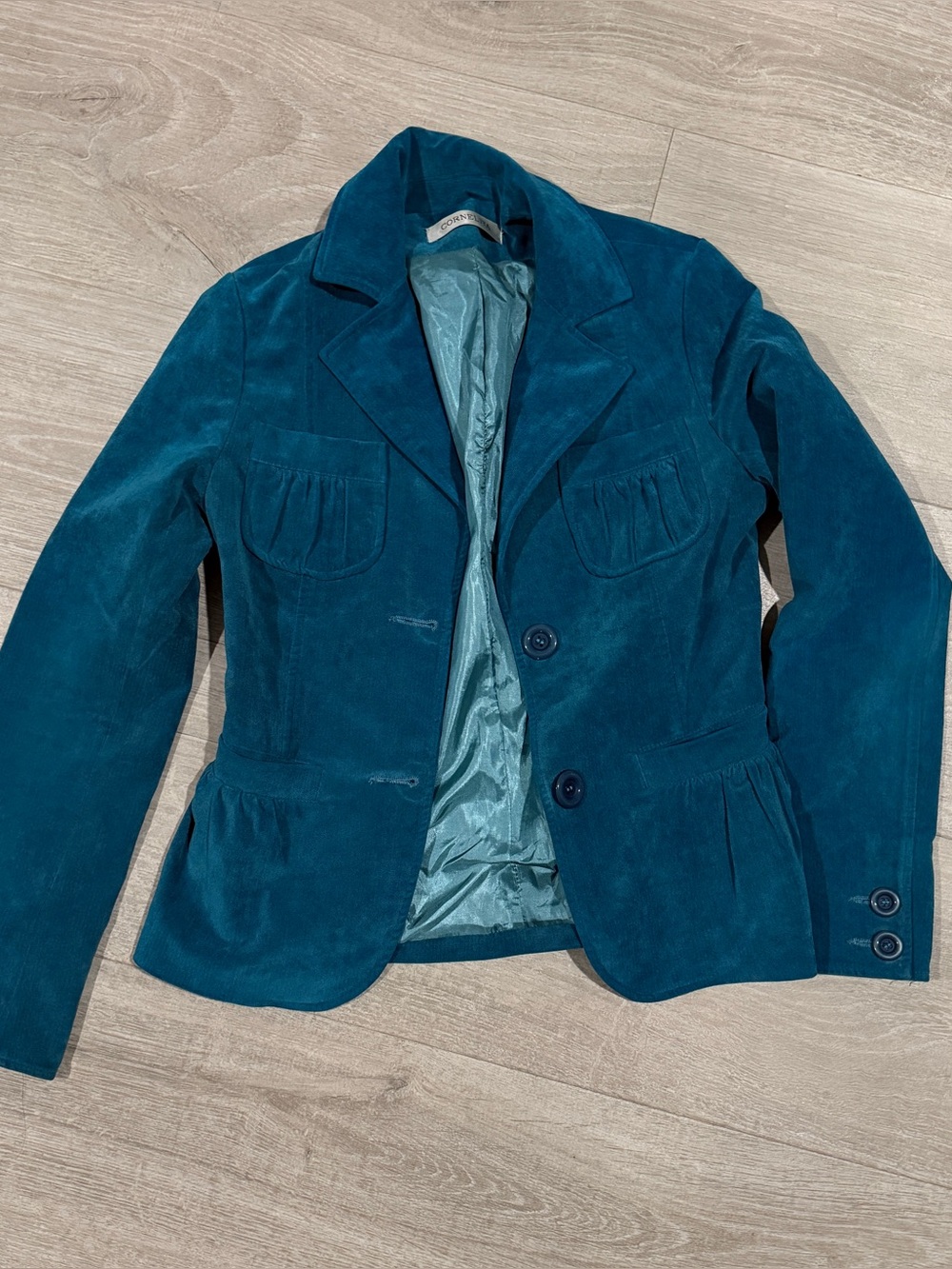 Blue teal faux suede blazer dual buttons corneliya brand size medium